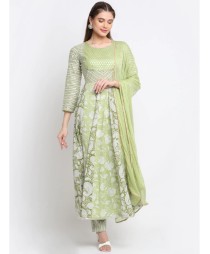 Green floral anarkali with pants and chiffon dupatta - set of three