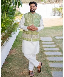 Green and white floral printed net cotton jacket