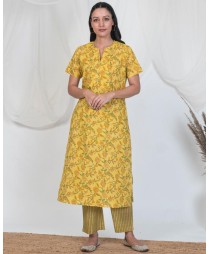 Yellow printed kurta with striped pants - set of two