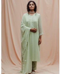 Light olive green embroidered kurta set - set of three