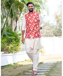 Red and white floral printed chanderi nehru jacket