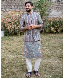 Grey and white striped jacket with grey floral printed chanderi kurta - set of two