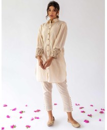 Ivory bishop sleeves shirt kurta set with inner - set of three
