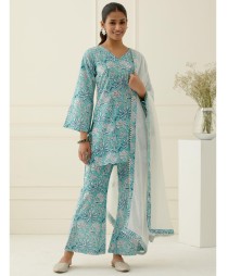Ice blue and white floral printed kurta set - set of three