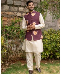 Maroon and rose printed nehru jacket