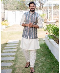 Grey and white striped nehru jacket