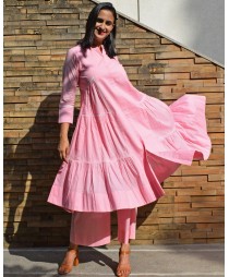 Lemonade pink  kurta with side gathers and pants - set of two