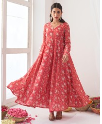 Hot pink printed anarkali set - set of two